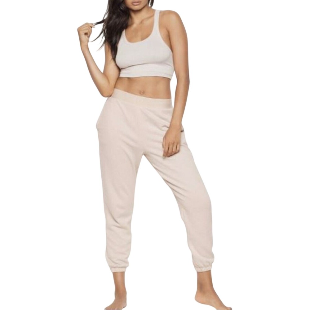 Victoria's Secret Logo Waistband Joggers Beige Sweatpants Small High Rise Lounge